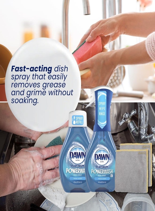 Dawn Platinum Powerwash Fresh Scent Liquid Dish Spray 16 oz + 16 oz Refill Bundle with Microfiber Cloth - Dish Soap - Powerwash for Dishes and Hard-to-Reach Items - (4 Items) - Image 5